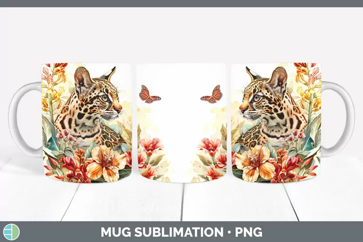 Watercolor Margay Cat Mug Wrap Sublimation Coffee Cup Design