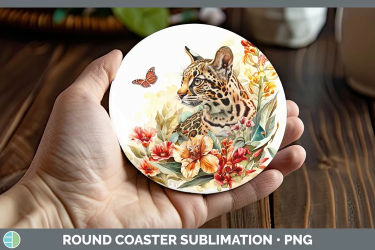 Watercolor Margay Cat Round Coaster Sublimation Coaster Desi