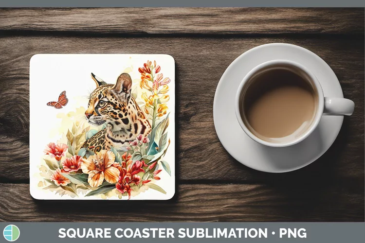 Watercolor Margay Cat Square Coaster Sublimation Coaster Des