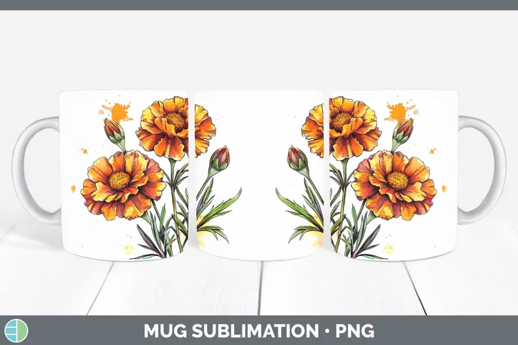 Watercolor Marigold Mug Wrap Sublimation Coffee Cup Designs