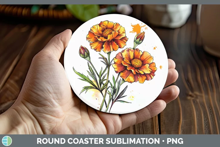 Watercolor Marigold Round Coaster Sublimation Coaster Design