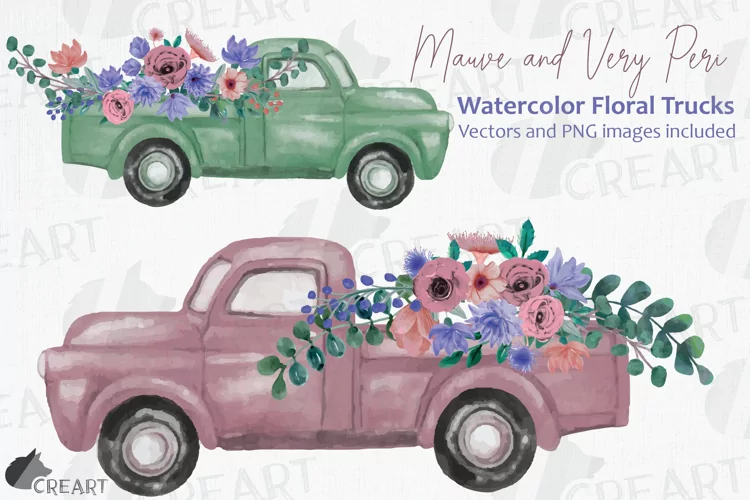 Mauve and Very Peri watercolor flower pickup truck graphics.