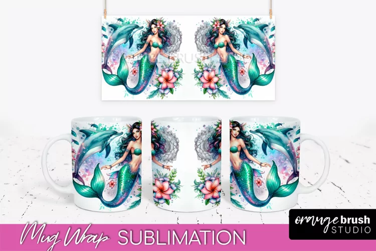 Mermaid Mug Wrap - Watercolor Mermaid Mug Sublimation Design
