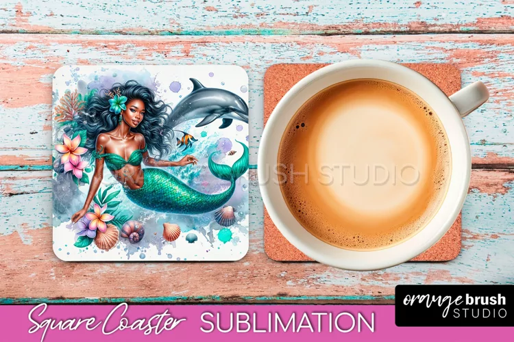 Watercolor Mermaid Square Coaster Sublimation Design