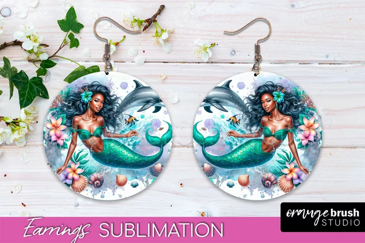 Mermaid Earrings PNG - Watercolor Mermaid Round Earrings PNG