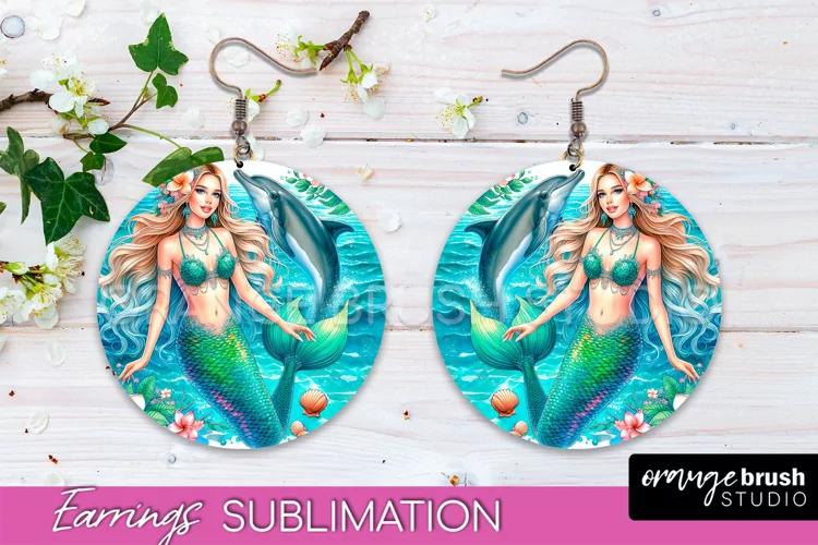 Mermaid Earrings PNG - Watercolor Mermaid Round Earrings PNG
