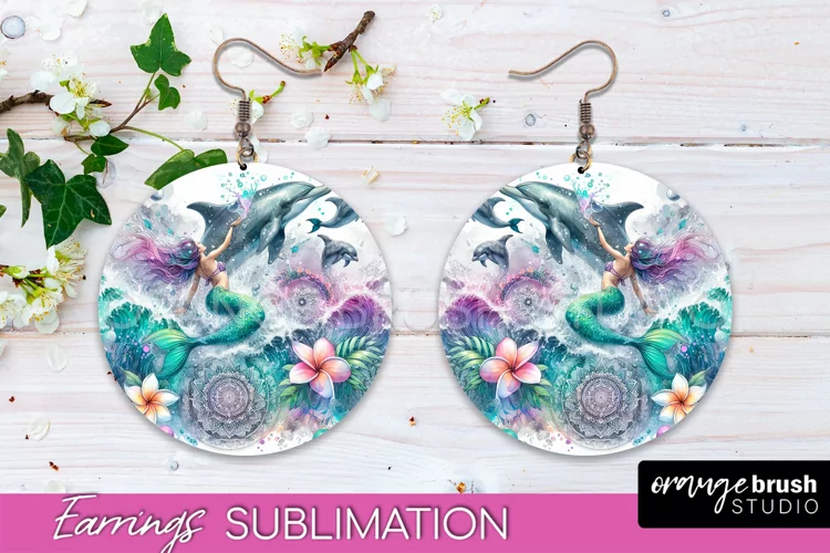 Mermaid Earrings PNG - Watercolor Mermaid Round Earrings PNG
