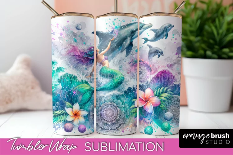Mermaid Tumbler Wrap, Watercolor Mermaid Tumbler Sublimation