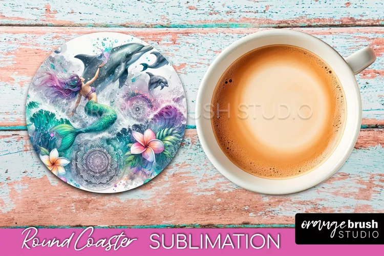 Watercolor Mermaid Coaster Sublimation, Round Car Coaster