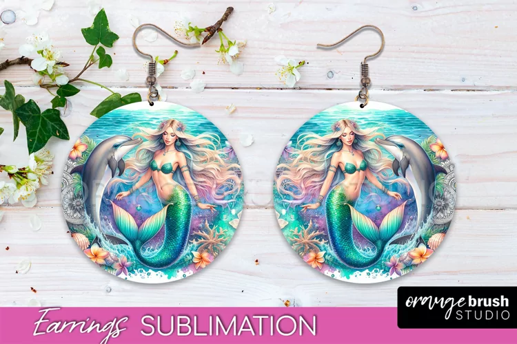 Mermaid Earrings PNG - Watercolor Mermaid Round Earrings PNG