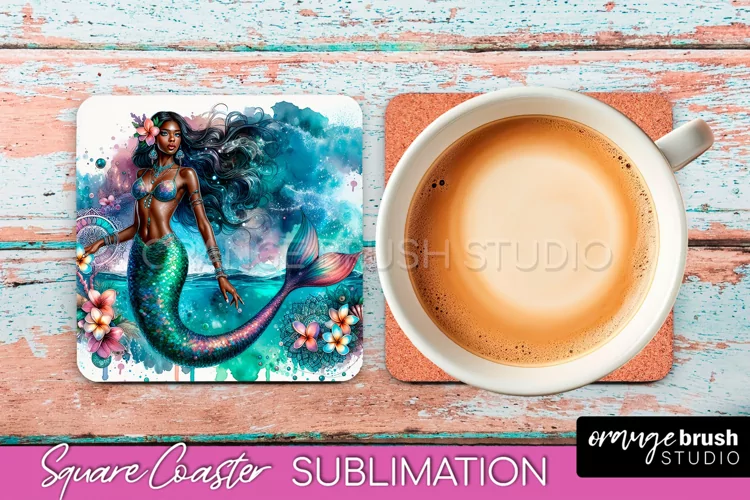 Watercolor Mermaid Square Coaster Sublimation Design