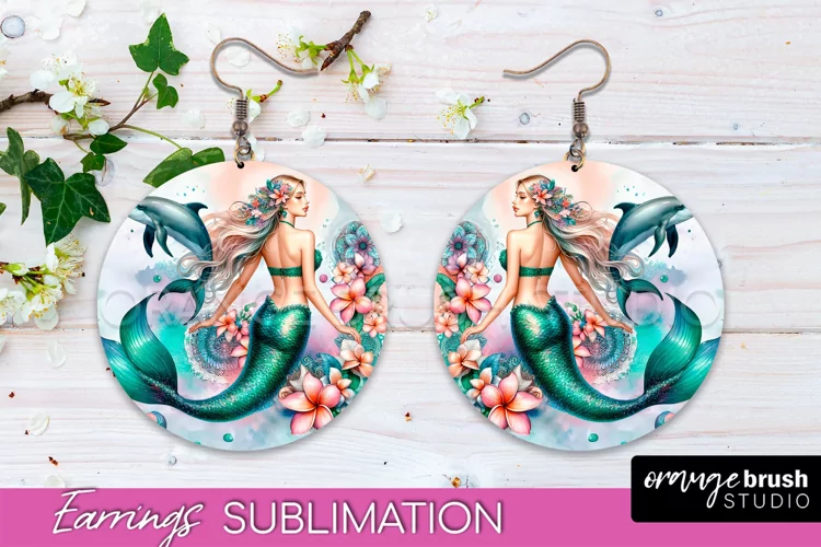 Mermaid Earrings PNG - Watercolor Mermaid Round Earrings PNG