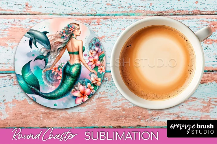 Watercolor Mermaid Coaster Sublimation, Round Car Coaster
