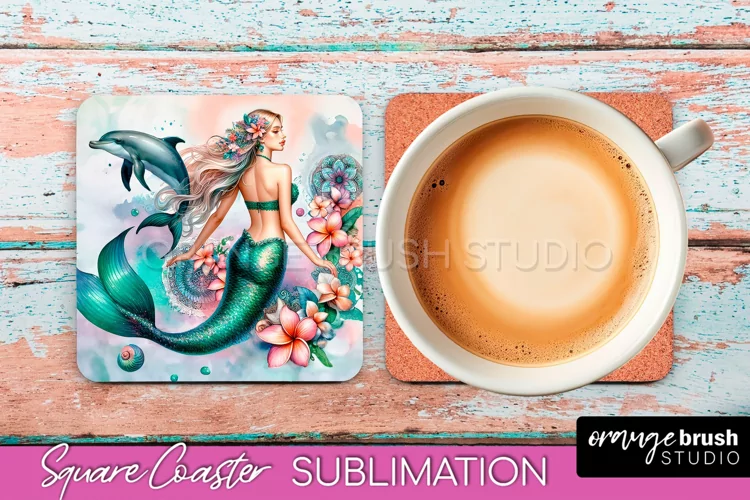 Watercolor Mermaid Square Coaster Sublimation Design