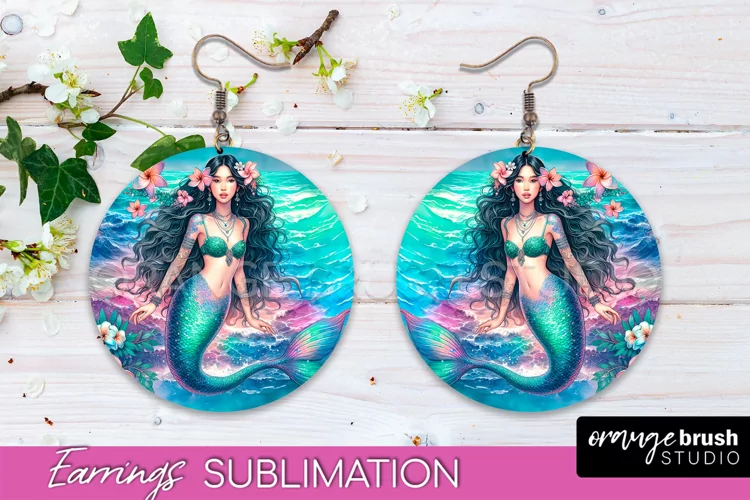 Mermaid Earrings PNG - Watercolor Mermaid Round Earrings PNG