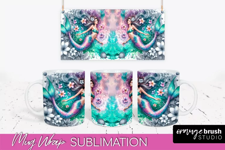 Mermaid Mug Wrap - Watercolor Mermaid Mug Sublimation Design