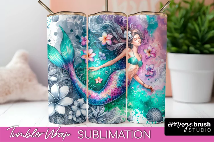 Mermaid Tumbler Wrap, Watercolor Mermaid Tumbler Sublimation