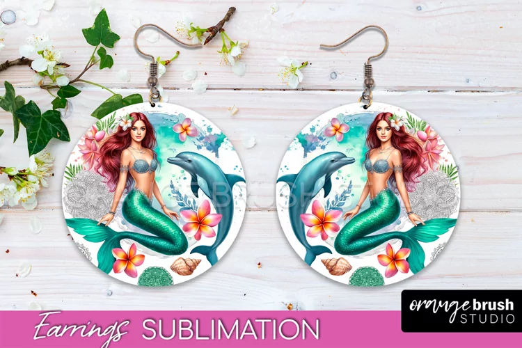 Mermaid Earrings PNG - Watercolor Mermaid Round Earrings PNG