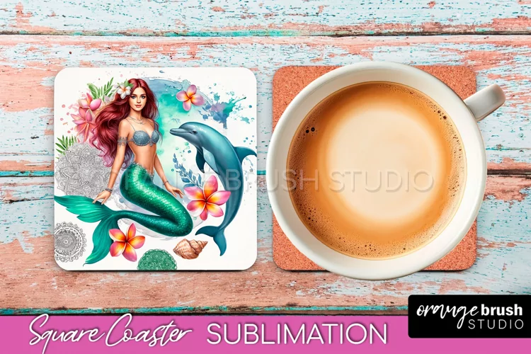 Watercolor Mermaid Square Coaster Sublimation Design