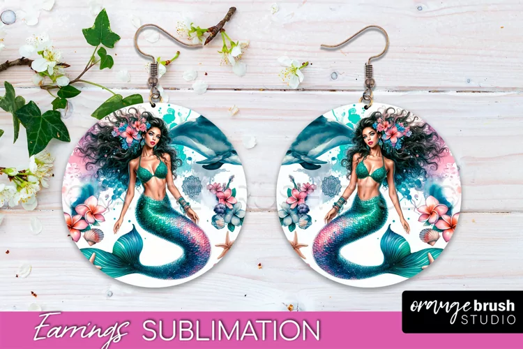 Mermaid Earrings PNG - Watercolor Mermaid Round Earrings PNG