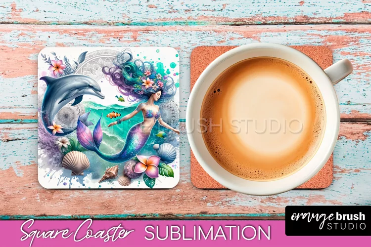 Watercolor Mermaid Square Coaster Sublimation Design