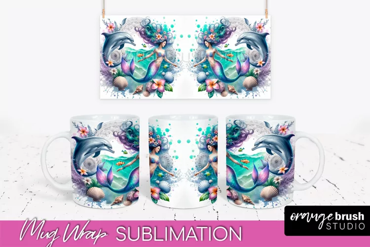 Mermaid Mug Wrap - Watercolor Mermaid Mug Sublimation Design