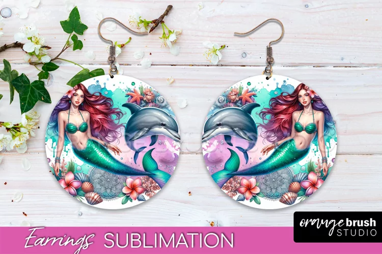 Mermaid Earrings PNG - Watercolor Mermaid Round Earrings PNG