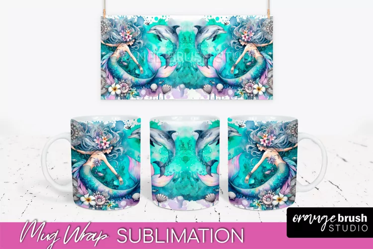 Mermaid Mug Wrap - Watercolor Mermaid Mug Sublimation Design
