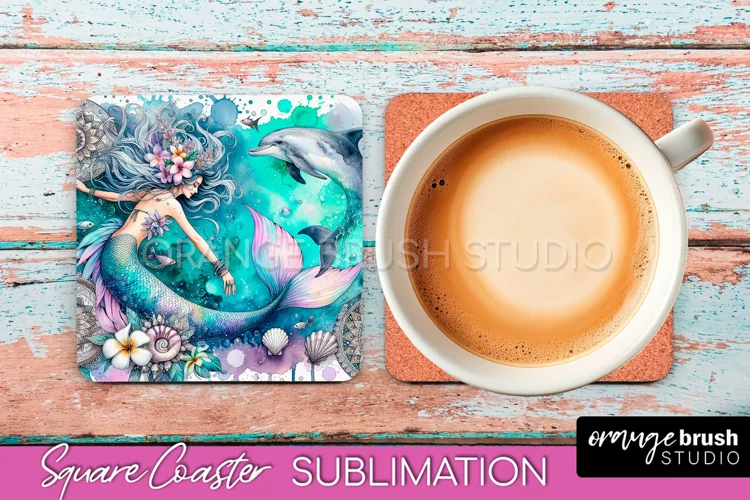 Watercolor Mermaid Square Coaster Sublimation Design