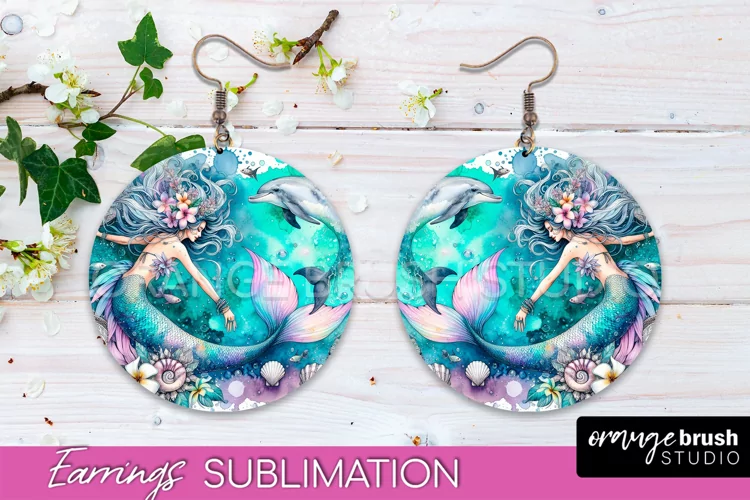Mermaid Earrings PNG - Watercolor Mermaid Round Earrings PNG