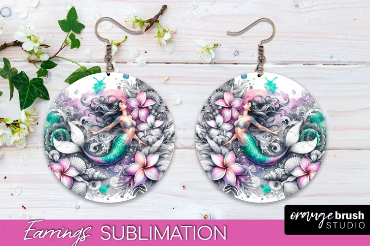 Mermaid Earrings PNG - Watercolor Mermaid Round Earrings PNG