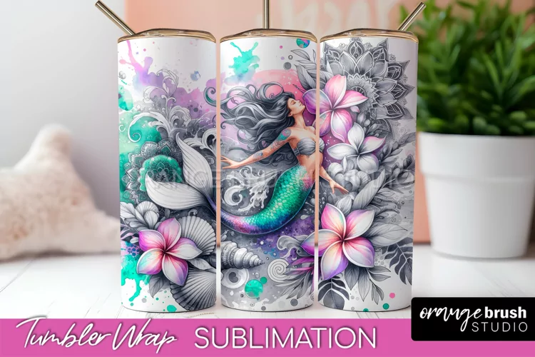 Mermaid Tumbler Wrap, Watercolor Mermaid Tumbler Sublimation