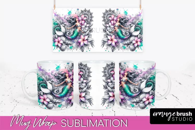 Mermaid Mug Wrap - Watercolor Mermaid Mug Sublimation Design