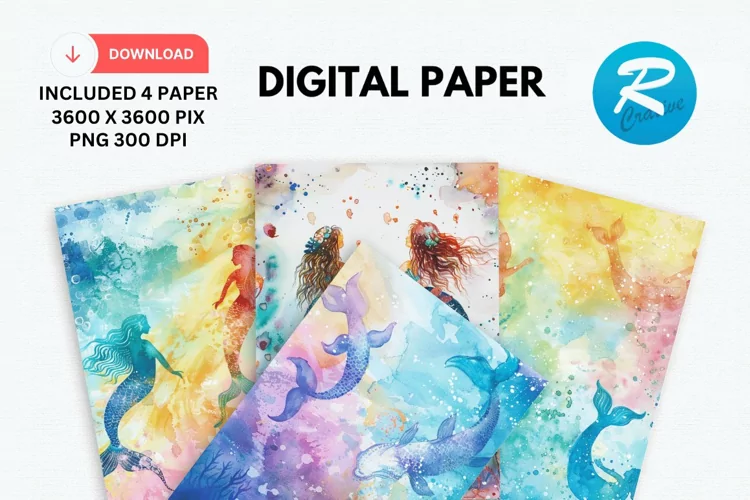 Watercolor Mermaid Digital Paper, Mermaid Background