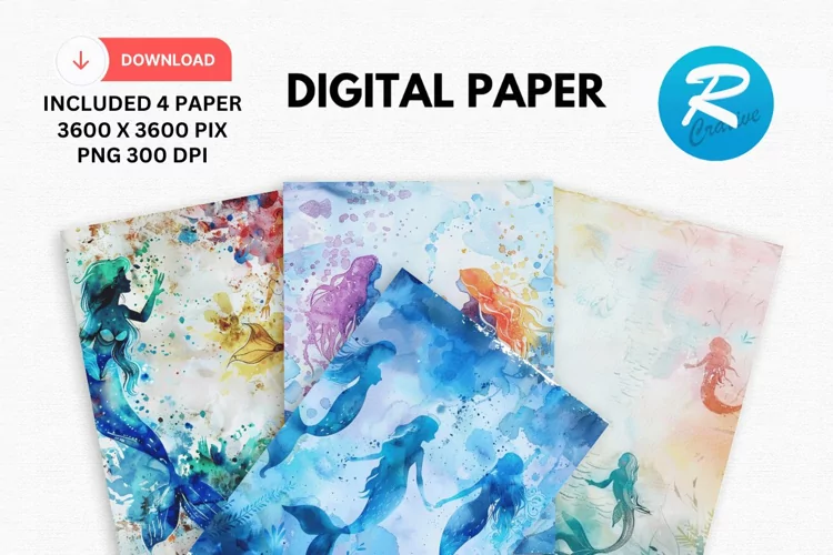 Watercolor Mermaid Digital Paper, Mermaid Background
