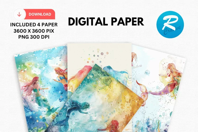 Watercolor Mermaid Digital Paper, Mermaid Background
