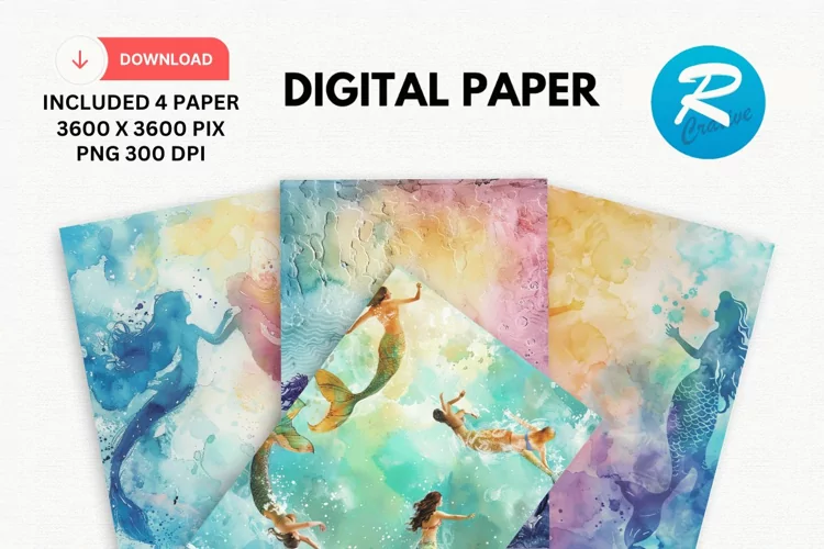 Watercolor Mermaid Digital Paper, Mermaid Background