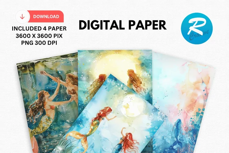Watercolor Mermaid Digital Paper, Mermaid Background