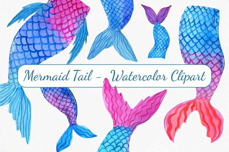 6 Watercolor Mermaid Tails - Watercolor Clipart