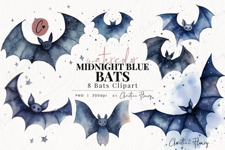 Watercolor Midnight Blue Bats Clipart