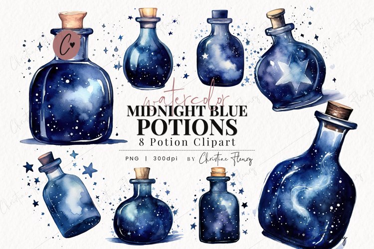 Watercolor Midnight Blue Potion Clipart example image 1