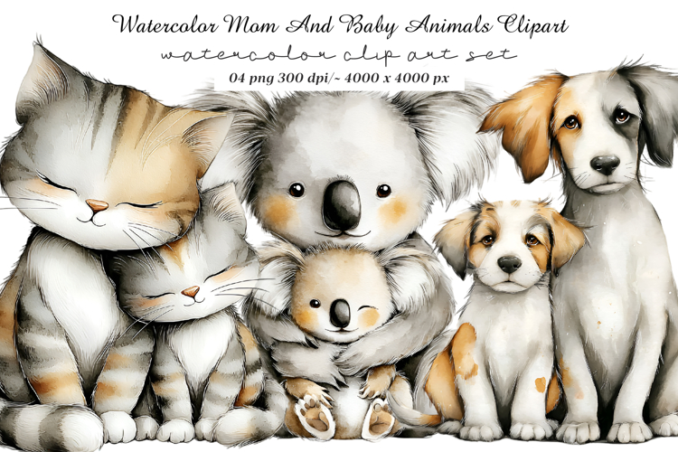 Watercolor Mom And Baby Animals Clipart