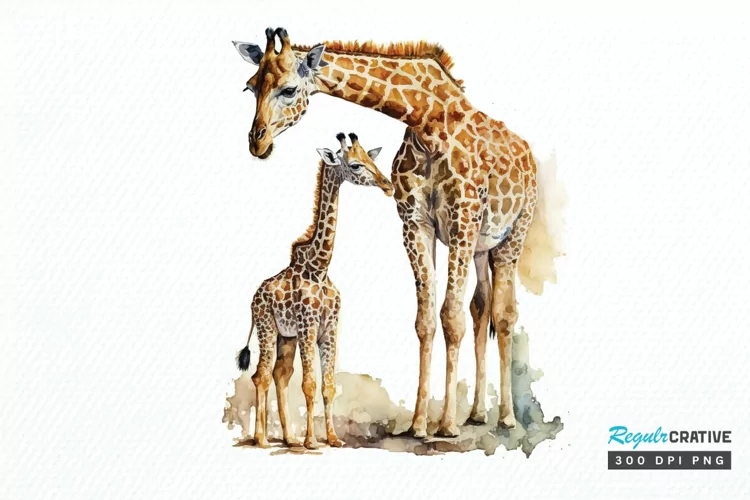 Watercolor Mom and Baby Giraffe PNG Clipart