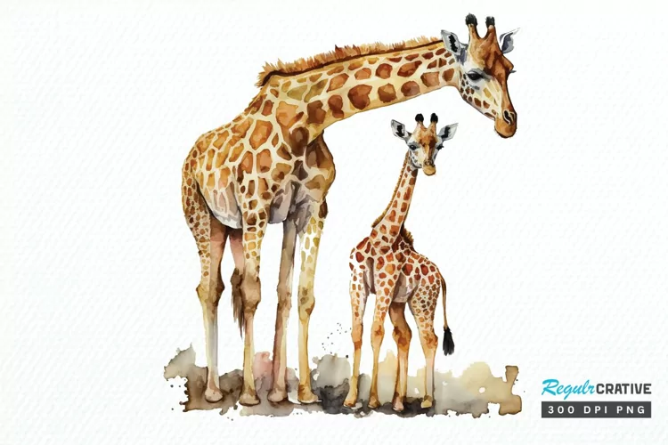 Watercolor Mom and Baby Giraffe PNG Clipart