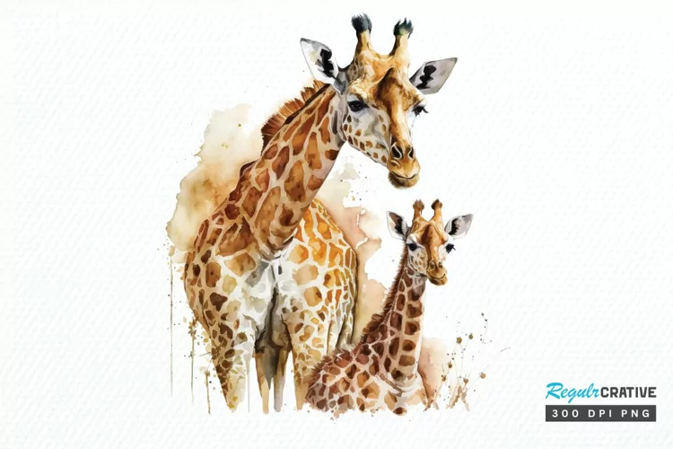 Watercolor Mom and Baby Giraffe PNG Clipart