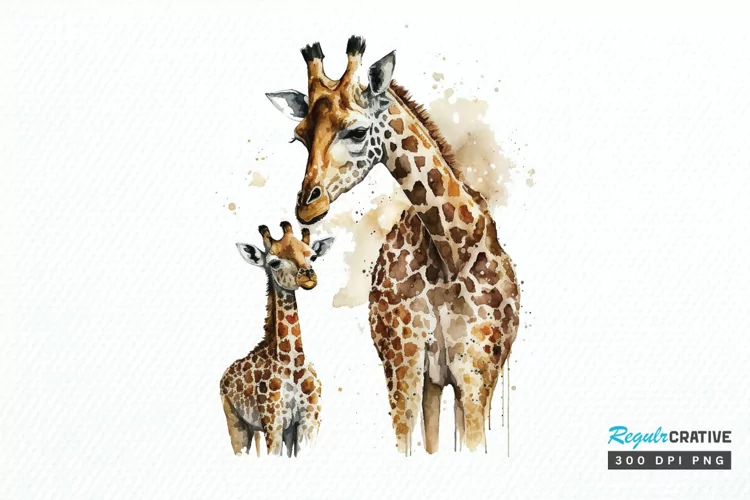 Watercolor Mom and Baby Giraffe PNG Clipart