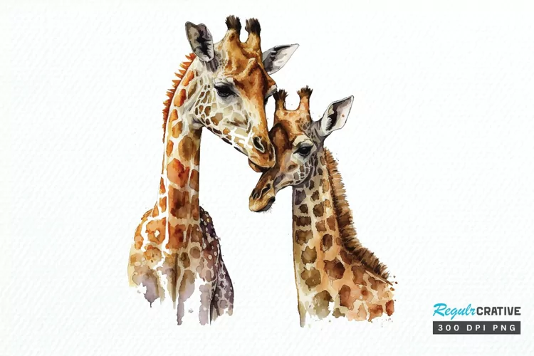 Watercolor Mom and Baby Giraffe PNG Clipart