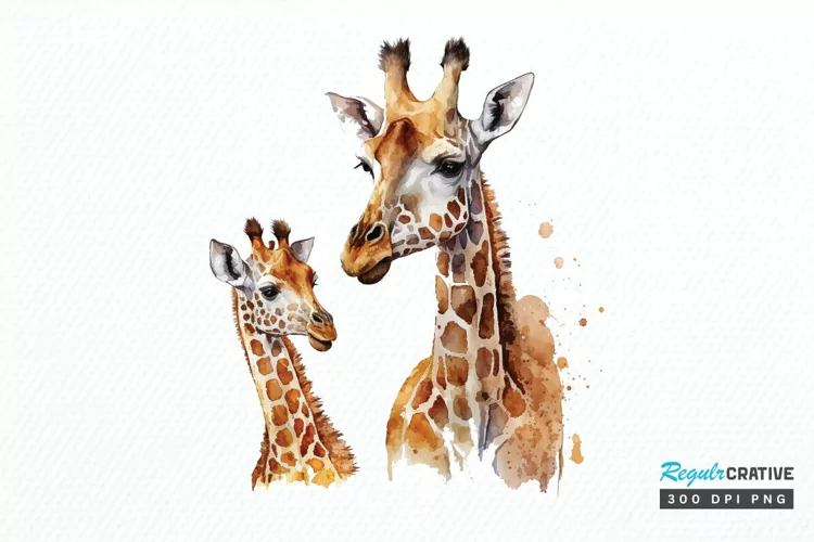 Watercolor Mom and Baby Giraffe PNG Clipart