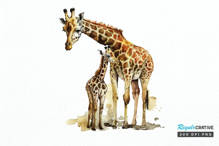 Watercolor Mom and Baby Giraffe PNG Clipart