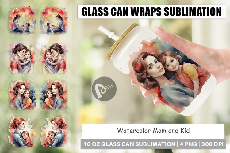 Glass Can Wraps Watercolor Mom and Kid